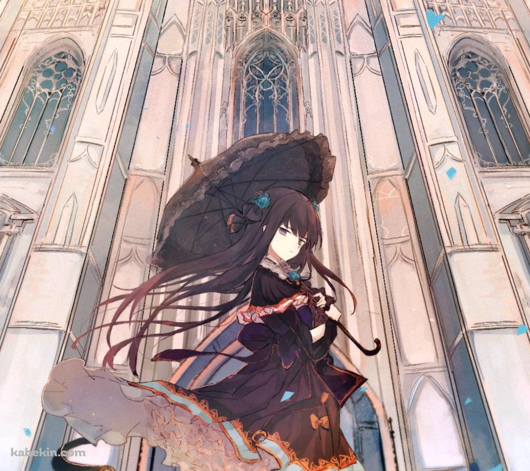 大聖堂の前に立つ黒い日傘をさした対立 / アーケアのAndroidの壁紙(1080px x 960px) スマホ用