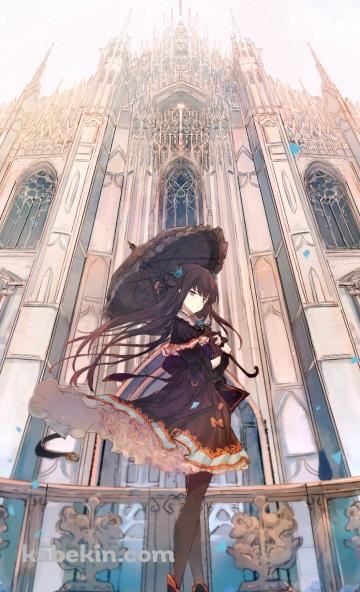 大聖堂の前に立つ黒い日傘をさした対立 / アーケアのAndroidの壁紙(360px x 592px) スマホ用