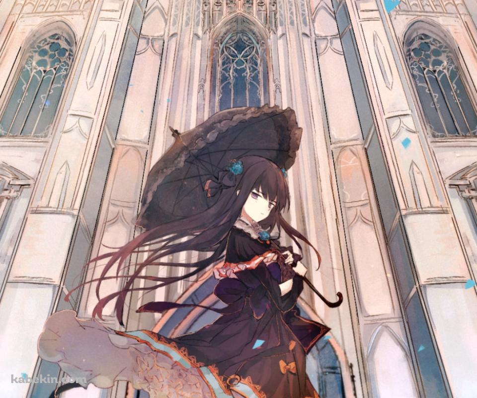 大聖堂の前に立つ黒い日傘をさした対立 / アーケアのAndroidの壁紙(960px x 800px) スマホ用