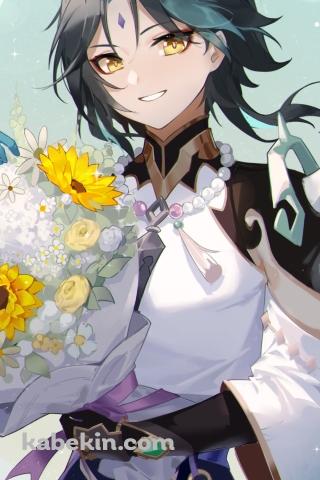 黄色い向日葵の花束と笑顔の魈 / 原神のAndroidの壁紙(320px x 480px) スマホ用
