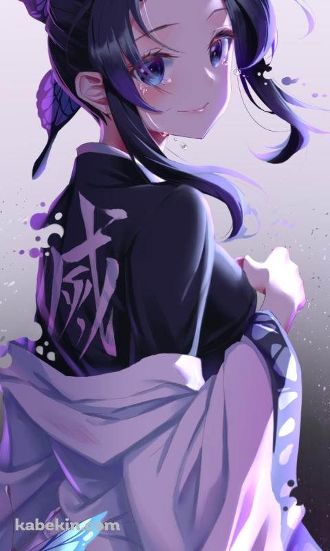 綺麗な蝶とこちらに振り返る胡蝶しのぶ / 鬼滅の刃のAndroidの壁紙(480px x 800px) スマホ用