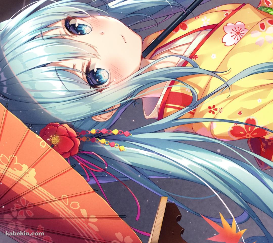 赤い和傘を持つ黄色い着物を着た可愛い初音ミク / ボカロ / ボーカロイドのAndroidの壁紙(1080px x 960px) スマホ用