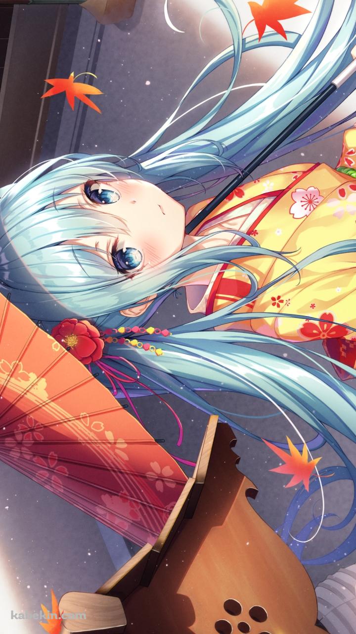 赤い和傘を持つ黄色い着物を着た可愛い初音ミク / ボカロ / ボーカロイドのAndroidの壁紙(720px x 1280px) スマホ用