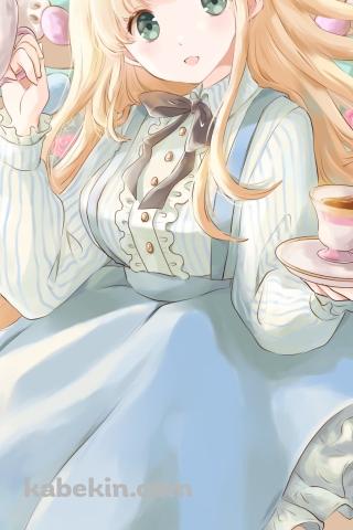 ティーカップを持つ可愛い不思議の国のアリスのAndroidの壁紙(320px x 480px) スマホ用