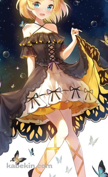 宇宙と鏡音リン / 黄色と青の蝶 / 星空 / ボカロ / ボーカロイドのAndroidの壁紙(360px x 592px) スマホ用