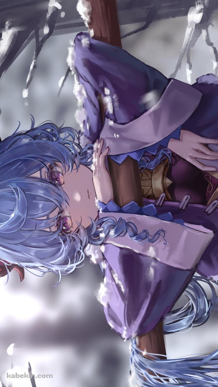 雪がつもった木の柵にもたれる甘雨 / 冬 / 青いロングヘア― / 原神のAndroidの壁紙(720px x 1280px) スマホ用