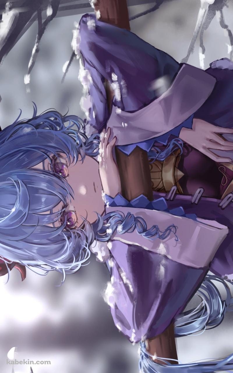 雪がつもった木の柵にもたれる甘雨 / 冬 / 青いロングヘア― / 原神のAndroidの壁紙(800px x 1280px) スマホ用