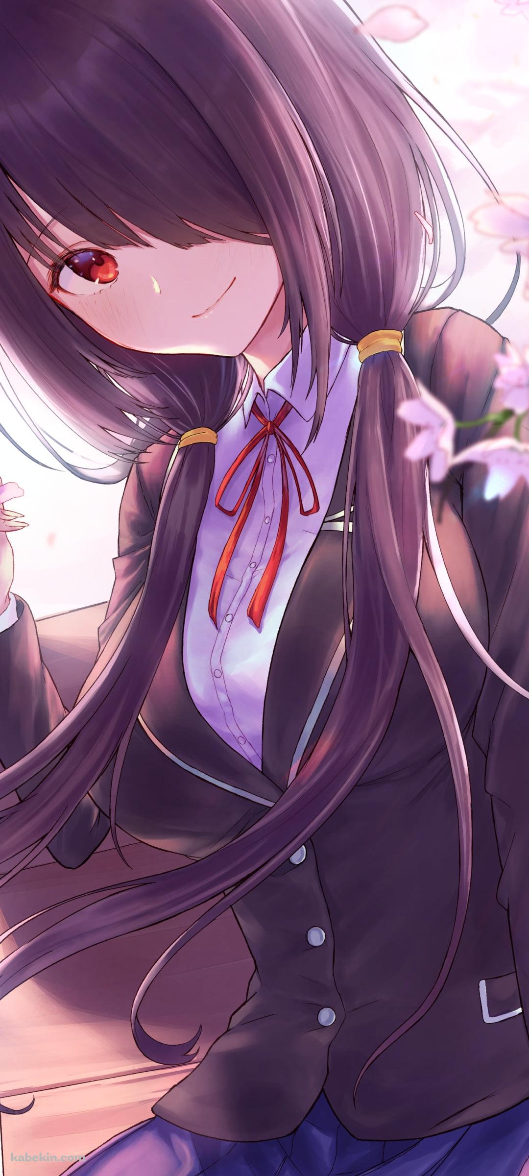 桜の花とベンチに座る制服姿の時崎狂三(ときさきくるみ) / デート・ア・ライブのAndroidの壁紙(1080px x 2400px) スマホ用