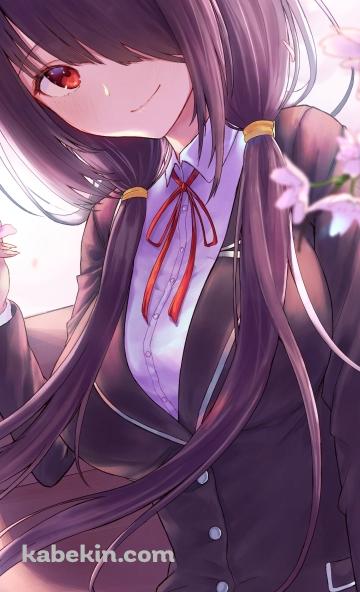 桜の花とベンチに座る制服姿の時崎狂三(ときさきくるみ) / デート・ア・ライブのAndroidの壁紙(360px x 592px) スマホ用