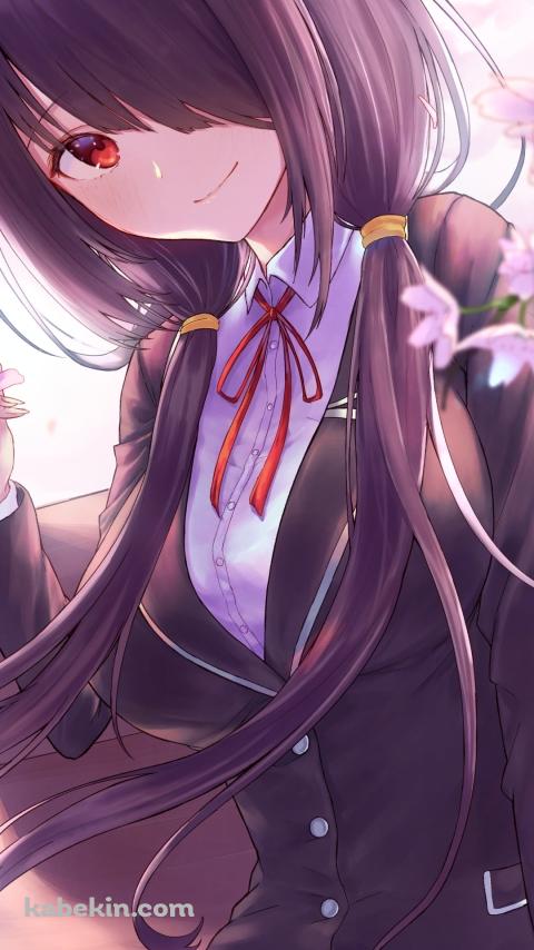 桜の花とベンチに座る制服姿の時崎狂三(ときさきくるみ) / デート・ア・ライブのAndroidの壁紙(480px x 854px) スマホ用