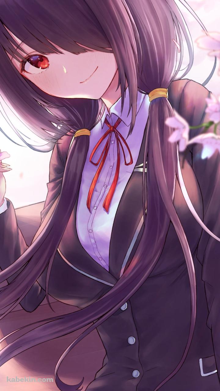 桜の花とベンチに座る制服姿の時崎狂三(ときさきくるみ) / デート・ア・ライブのAndroidの壁紙(720px x 1280px) スマホ用
