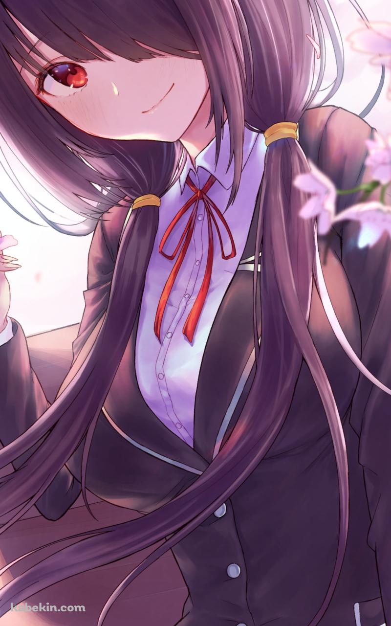 桜の花とベンチに座る制服姿の時崎狂三(ときさきくるみ) / デート・ア・ライブのAndroidの壁紙(800px x 1280px) スマホ用