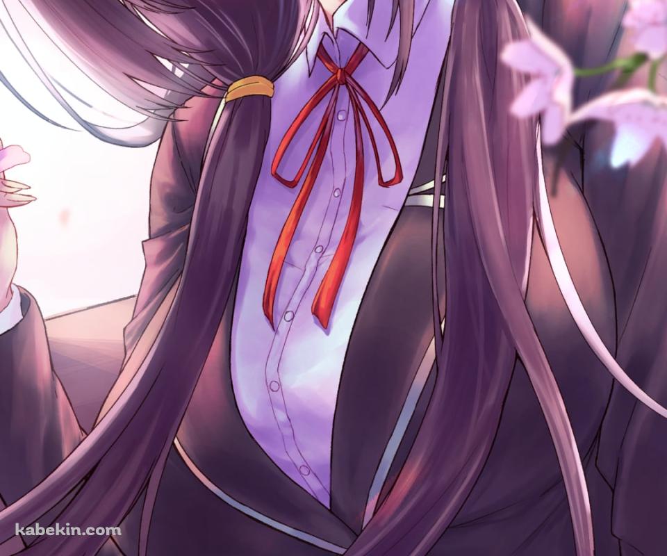 桜の花とベンチに座る制服姿の時崎狂三(ときさきくるみ) / デート・ア・ライブのAndroidの壁紙(960px x 800px) スマホ用