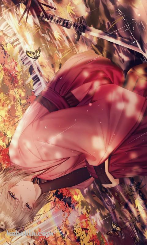 雨が降る秋の森の中、しゃがむ沖田総司 / 紅葉 / Fate/grand orderのAndroidの壁紙(480px x 800px) スマホ用