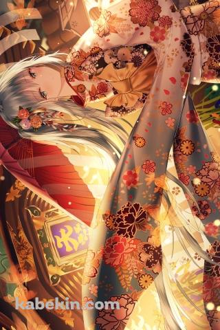花柄の着物を着た綺麗な初音ミク / ボカロ / ボーカロイドのAndroidの壁紙(320px x 480px) スマホ用