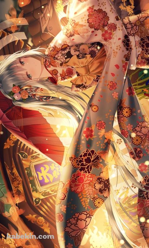 花柄の着物を着た綺麗な初音ミク / ボカロ / ボーカロイドのAndroidの壁紙(480px x 800px) スマホ用