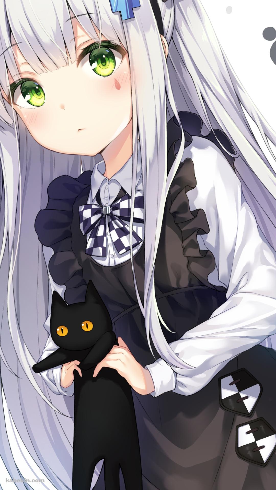 黒猫を持つ可愛いHK416 / 白髪 / 白いドレス / 黒いエプロン / 緑の瞳 / ドールズフロントラインのAndroidの壁紙(1080px x 1920px) スマホ用