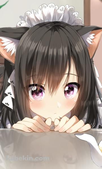 テーブル越しに覗く可愛いメイド / 黒髪 / 猫耳 / ティーポットのAndroidの壁紙(360px x 592px) スマホ用