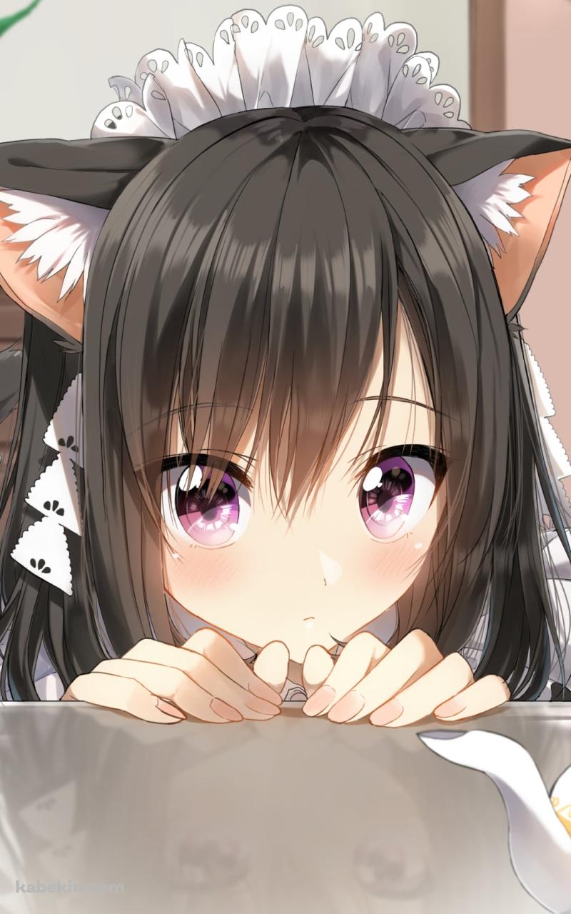 テーブル越しに覗く可愛いメイド / 黒髪 / 猫耳 / ティーポットのAndroidの壁紙(800px x 1280px) スマホ用