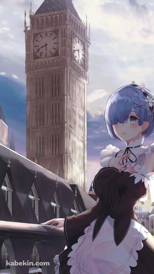 時計台とメイド姿の可愛いレム / Re:ゼロから始める異世界生活のAndroidの壁紙(540px x 960px) スマホ用