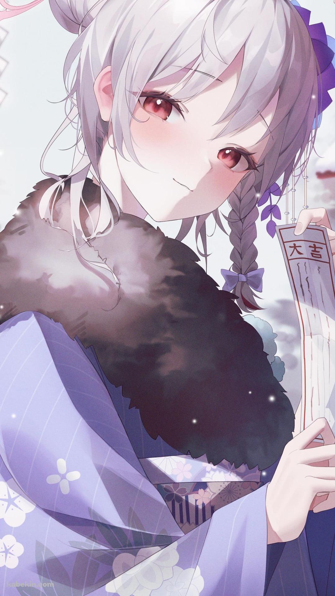 大吉のおみくじを持つ黒舘ハルナ / 紫の着物 / お参り / ブルアカ / ブルーアーカイブのAndroidの壁紙(1080px x 1920px) スマホ用