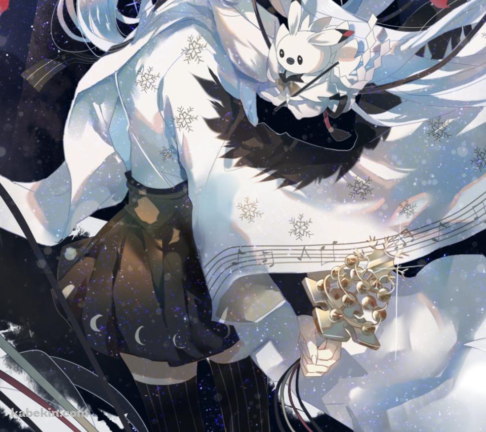 赤い鳥居とこちらを振り返る雪ミクとラビット・ユキネ / 初音ミク / ボカロ / ボーカロイドのAndroidの壁紙(960px x 854px) スマホ用