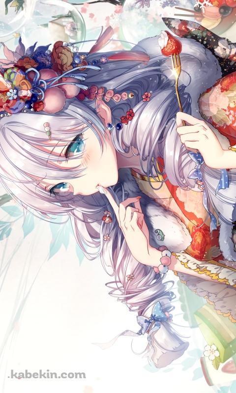 ど派手な着物を着て苺を食べる可愛いキアナ・カスラナ / 崩壊学園のAndroidの壁紙(480px x 800px) スマホ用