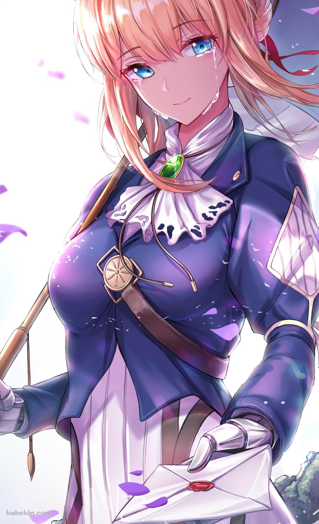 花びら舞う中で泣きながら手紙を差し出すヴァイオレット・エヴァーガーデンのAndroidの壁紙(1080px x 1776px) スマホ用