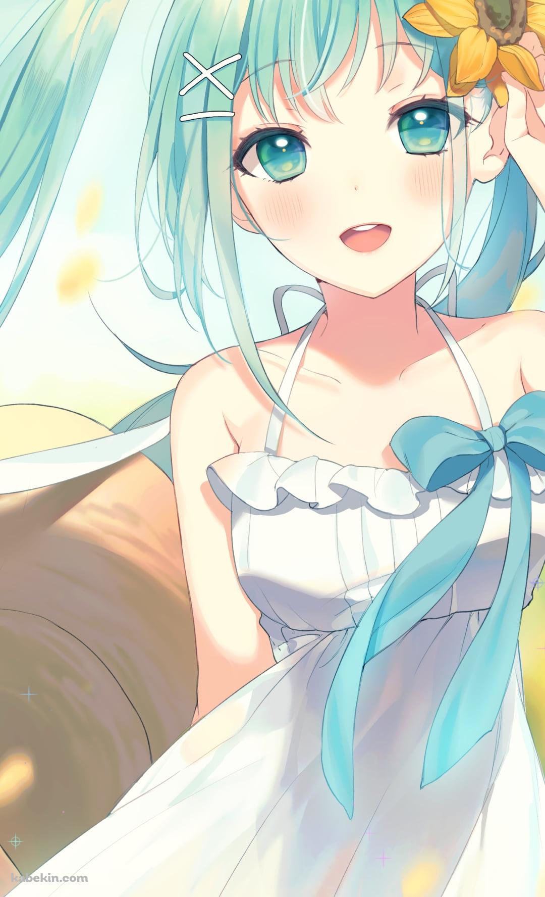 黄色い向日葵の花の髪飾りをつけた可愛い初音ミク / ボカロ / ボーカロイドのAndroidの壁紙(1080px x 1776px) スマホ用