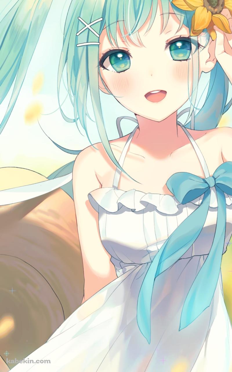 黄色い向日葵の花の髪飾りをつけた可愛い初音ミク / ボカロ / ボーカロイドのAndroidの壁紙(800px x 1280px) スマホ用