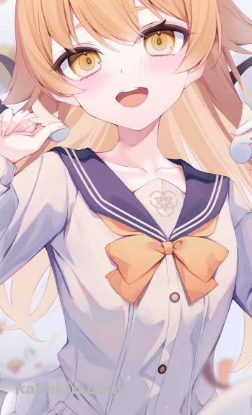 笑顔の阿慈谷ヒフミ / ペロロ様 / セーラー服 / 黄色いリボン / ブルアカ / ブルーアーカイブのAndroidの壁紙(360px x 592px) スマホ用