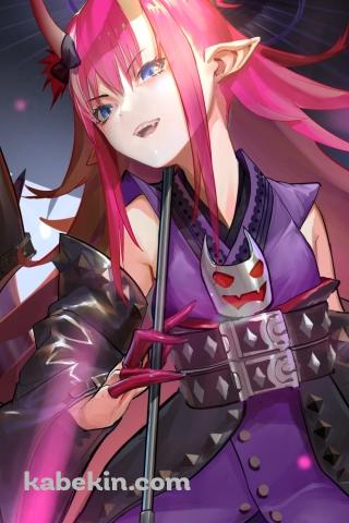 黒い傘をさすエリザベート・バートリー / 角 / 赤いロングヘア― / Fate/extraのAndroidの壁紙(320px x 480px) スマホ用