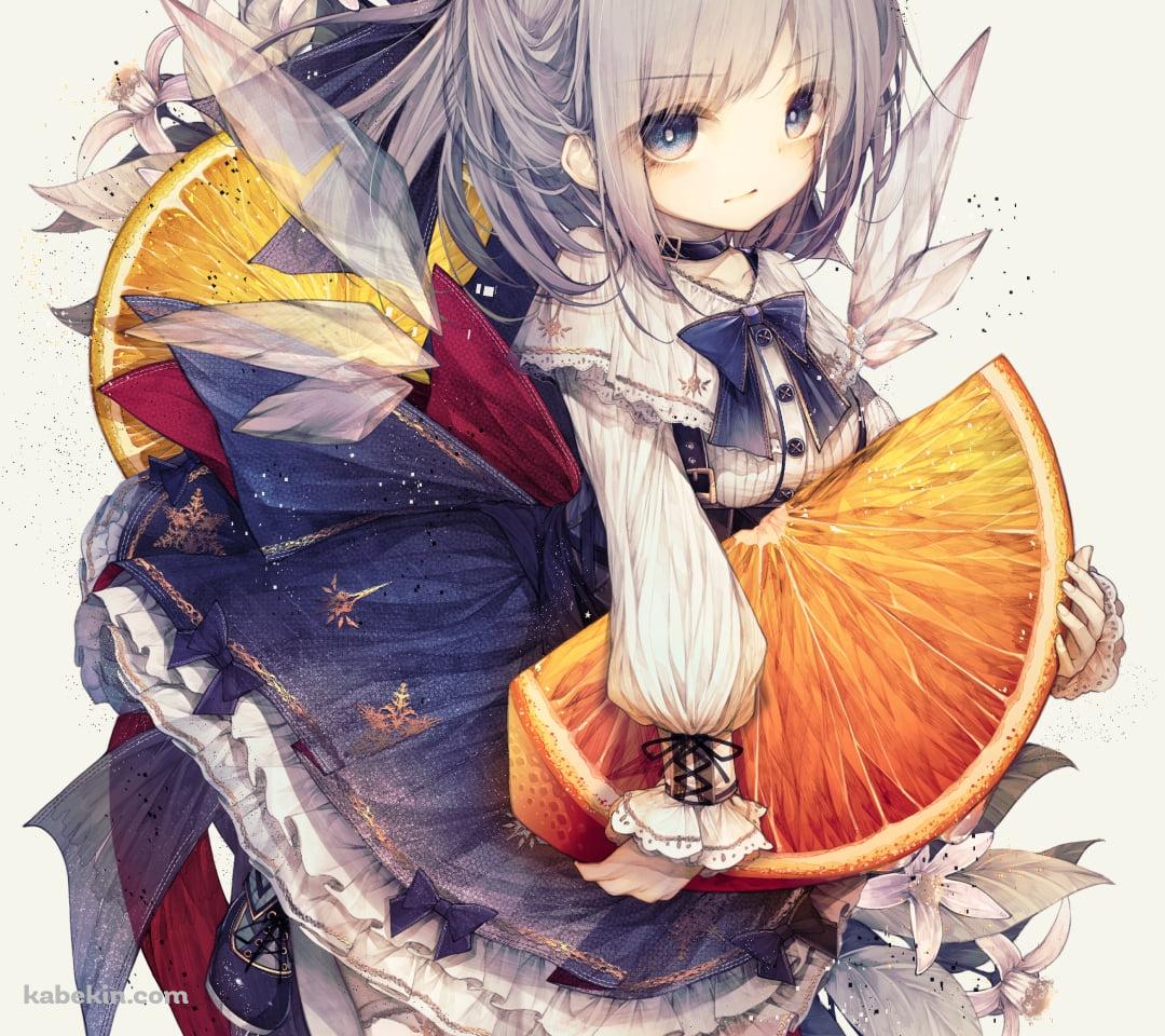 オレンジを持つ可愛いチルノ / 東方のAndroidの壁紙(1080px x 960px) スマホ用