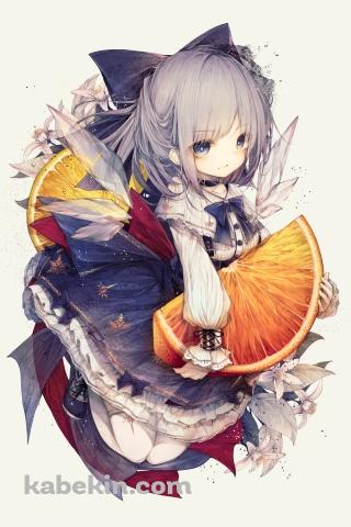 オレンジを持つ可愛いチルノ / 東方のAndroidの壁紙(320px x 480px) スマホ用