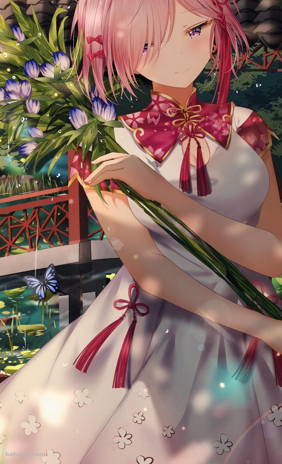 水辺で紫の花を摘むマシュ・キリエライト / Fate/grand orderのAndroidの壁紙(1080px x 1776px) スマホ用