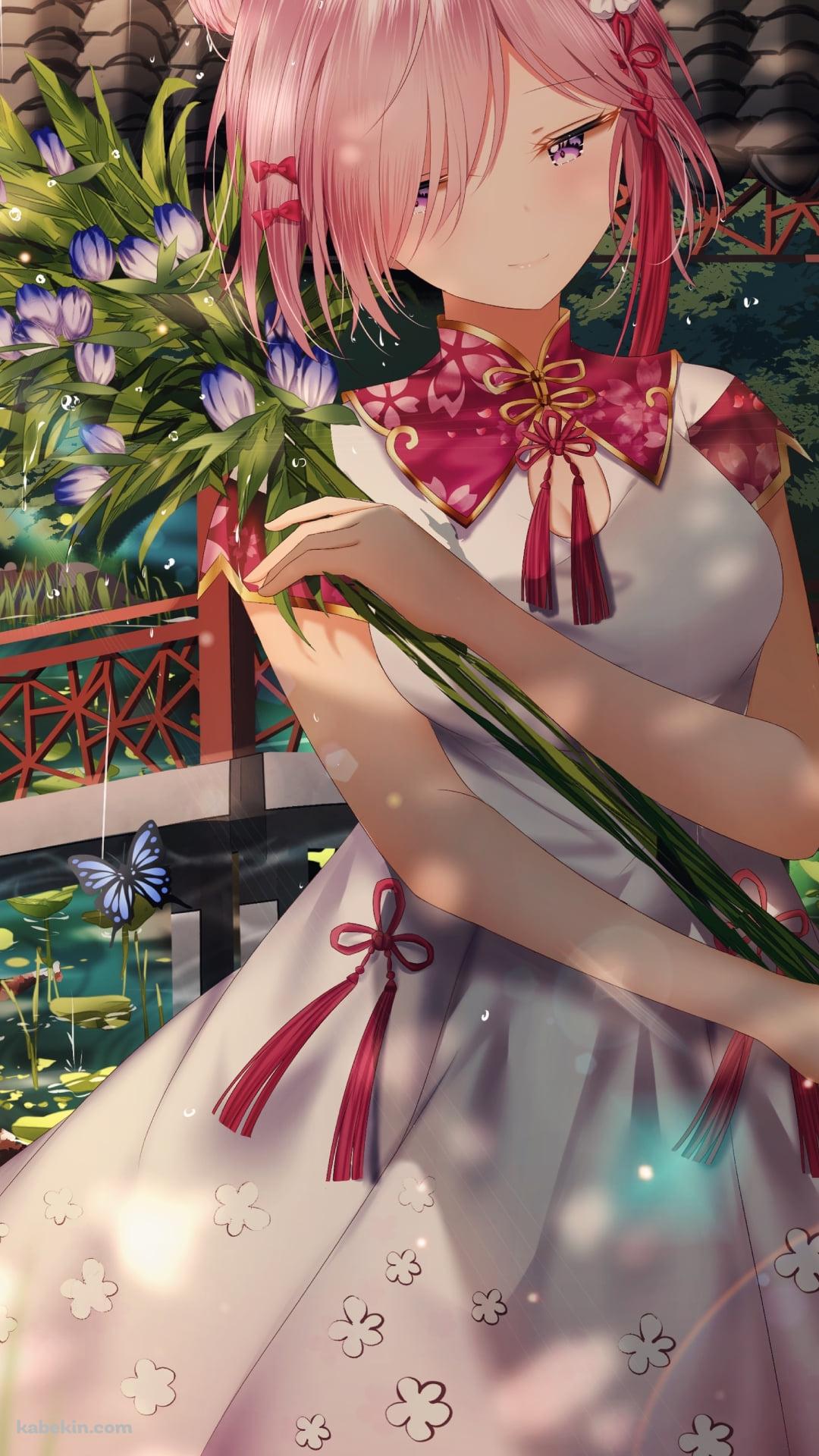 水辺で紫の花を摘むマシュ・キリエライト / Fate/grand orderのAndroidの壁紙(1080px x 1920px) スマホ用