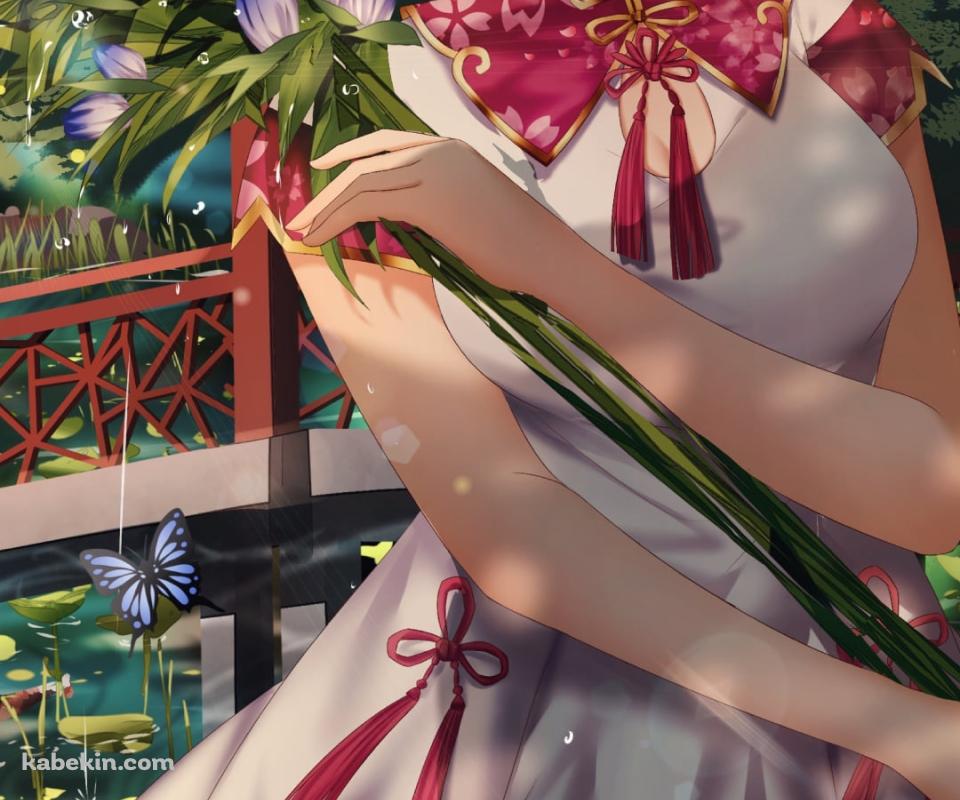 水辺で紫の花を摘むマシュ・キリエライト / Fate/grand orderのAndroidの壁紙(960px x 800px) スマホ用