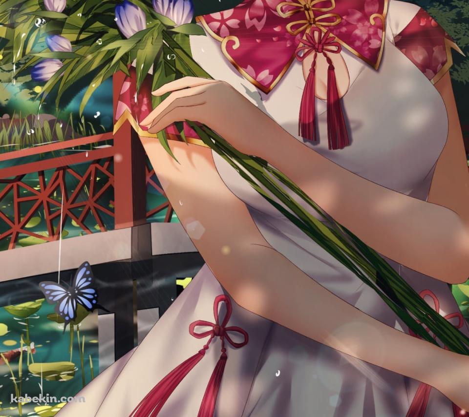 水辺で紫の花を摘むマシュ・キリエライト / Fate/grand orderのAndroidの壁紙(960px x 854px) スマホ用