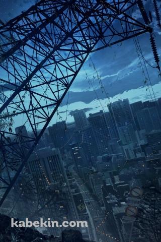 夜の満月と鉄塔と街並みのAndroidの壁紙(320px x 480px) スマホ用
