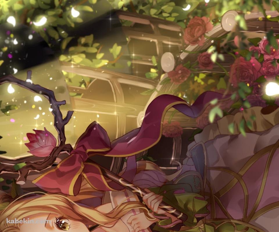 ピンクの花と緑の草木に囲まれた可愛いニーナ / キャラコンRPG / テリアサーガのAndroidの壁紙(960px x 800px) スマホ用