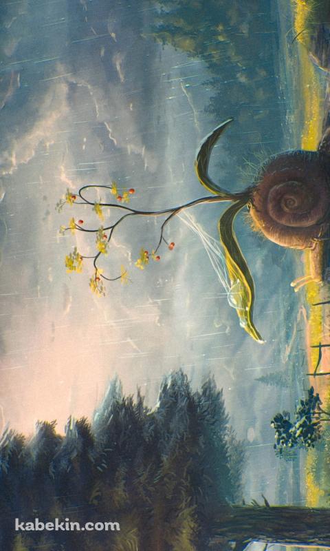 殻から草が生えているカタツムリ / 大木 / 雨 / 曇天模様の空 / 悪天候のAndroidの壁紙(480px x 800px) スマホ用