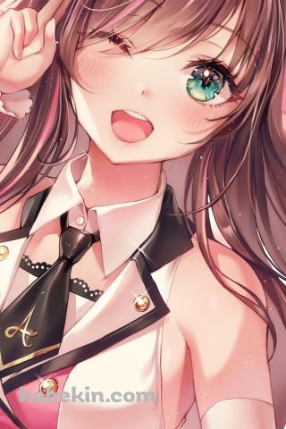 閉じたピースをしながらウィンクをする可愛いキズナアイ / バーチャルYouTuber / VtuberのAndroidの壁紙(320px x 480px) スマホ用