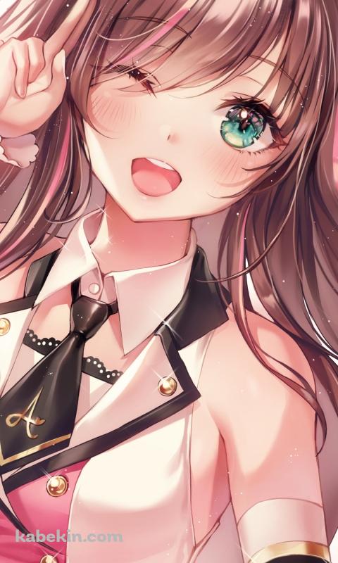 閉じたピースをしながらウィンクをする可愛いキズナアイ / バーチャルYouTuber / VtuberのAndroidの壁紙(480px x 800px) スマホ用