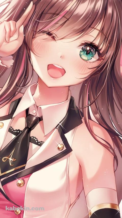 閉じたピースをしながらウィンクをする可愛いキズナアイ / バーチャルYouTuber / VtuberのAndroidの壁紙(480px x 854px) スマホ用