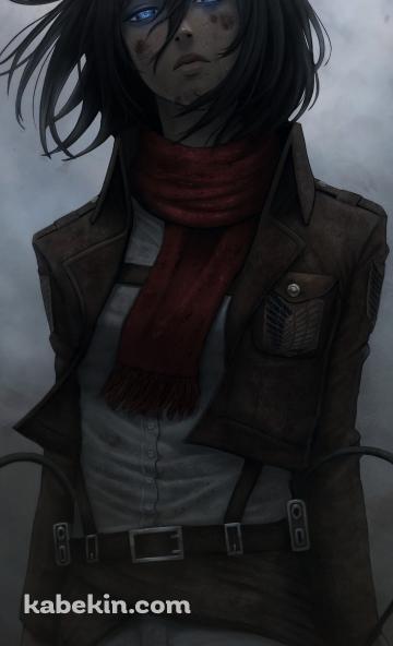 リアリスティックの色調で描かれた青い瞳のミカサ・アッカーマン / 進撃の巨人のAndroidの壁紙(360px x 592px) スマホ用