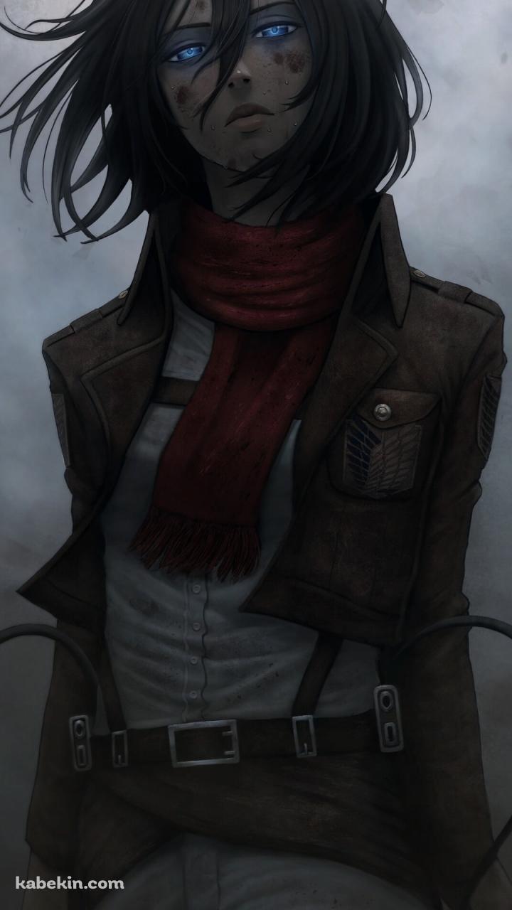 リアリスティックの色調で描かれた青い瞳のミカサ・アッカーマン / 進撃の巨人のAndroidの壁紙(720px x 1280px) スマホ用