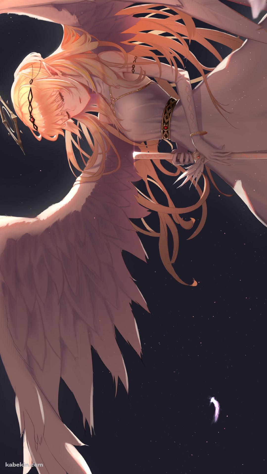 瞳を閉じて剣を持つブロンドのエンジェルのAndroidの壁紙(1080px x 1920px) スマホ用