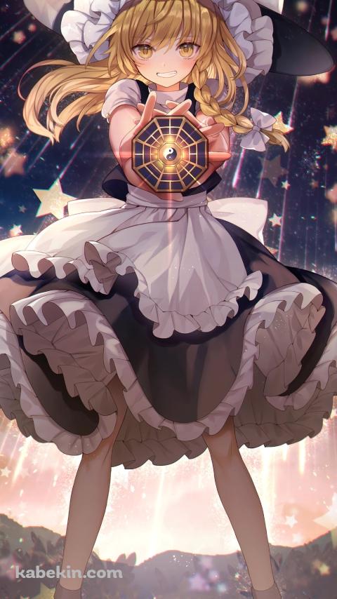 降り注ぐ無数の星と笑顔の霧雨魔理沙 / 東方のAndroidの壁紙(480px x 854px) スマホ用