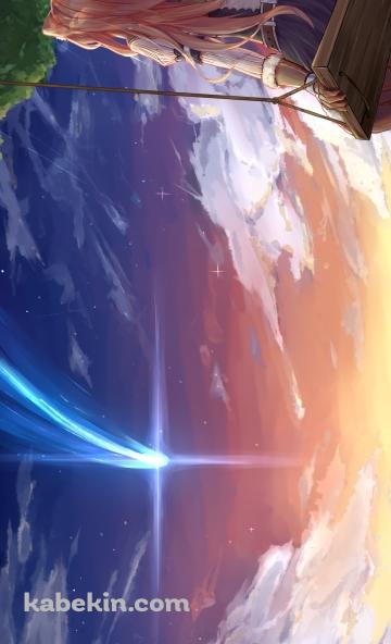 木のブランコに乗り流れ星を見るラフタリアの後ろ姿 / 盾の勇者の成り上がりのAndroidの壁紙(360px x 592px) スマホ用