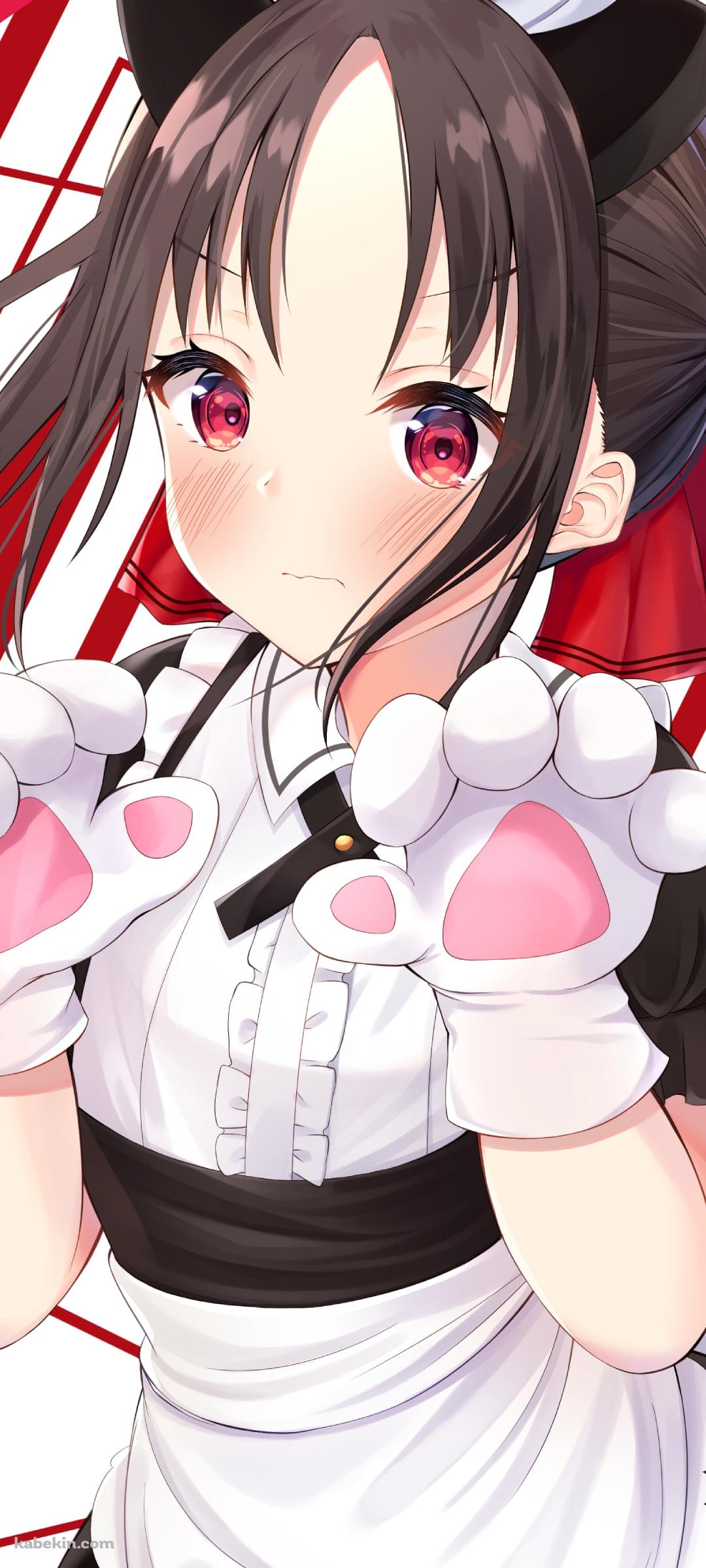 猫の手袋をはめたメイド姿の可愛い四宮かぐや（しのみや かぐや） / 副会長 / かぐや様は告らせたい～天才たちの恋愛頭脳戦～のAndroidの壁紙(1080px x 2400px) スマホ用